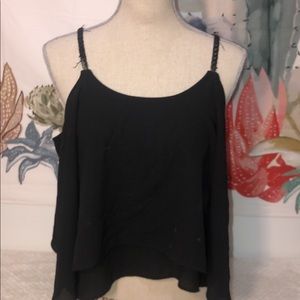 Beaded Strap Flowy Tank Top w/Off Shoulder Sleeve